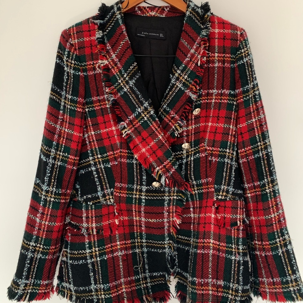 Beautiful Zara Red Tweed Checkered Jacket